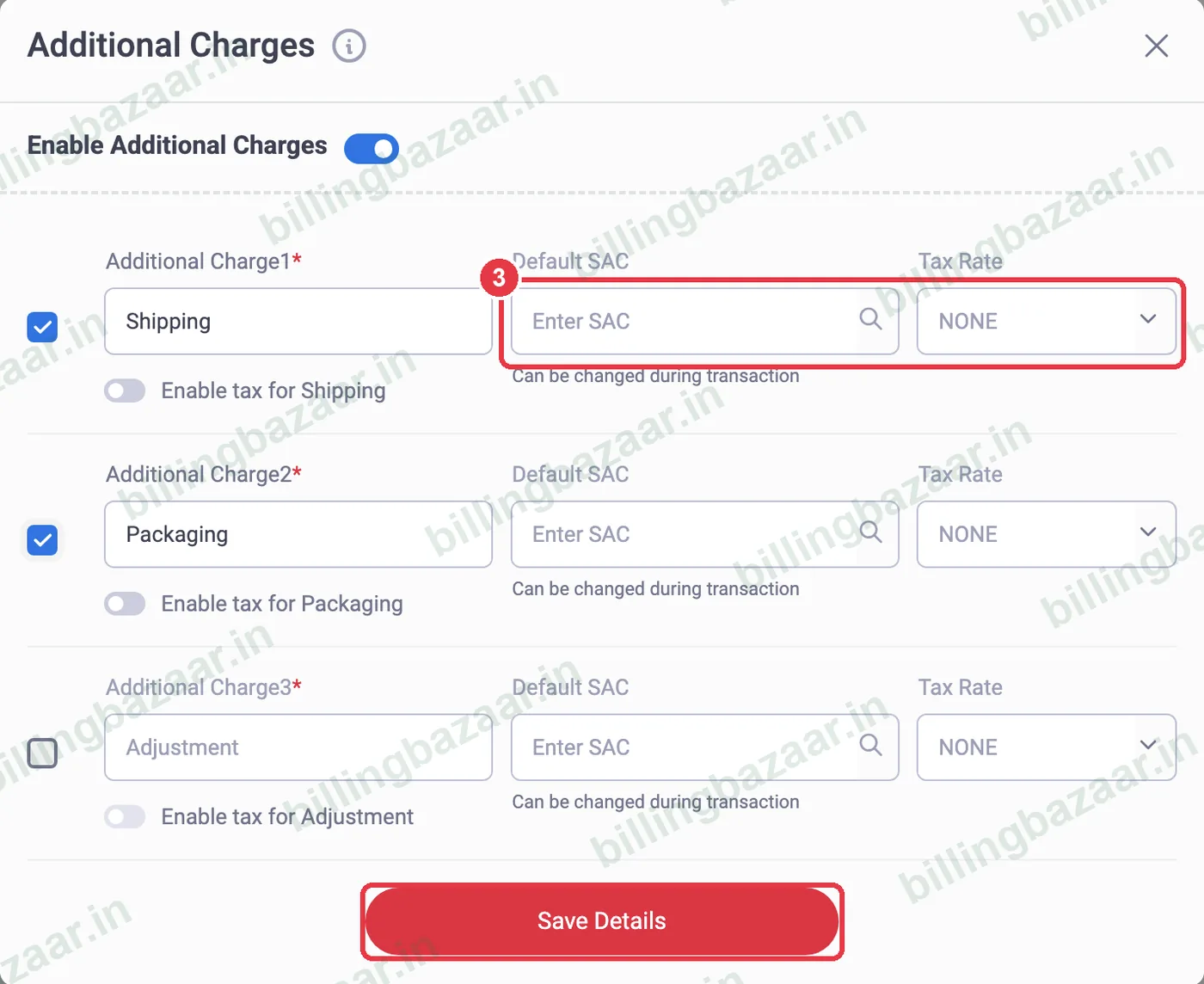 Vyapar additional charge SAC and tax rate