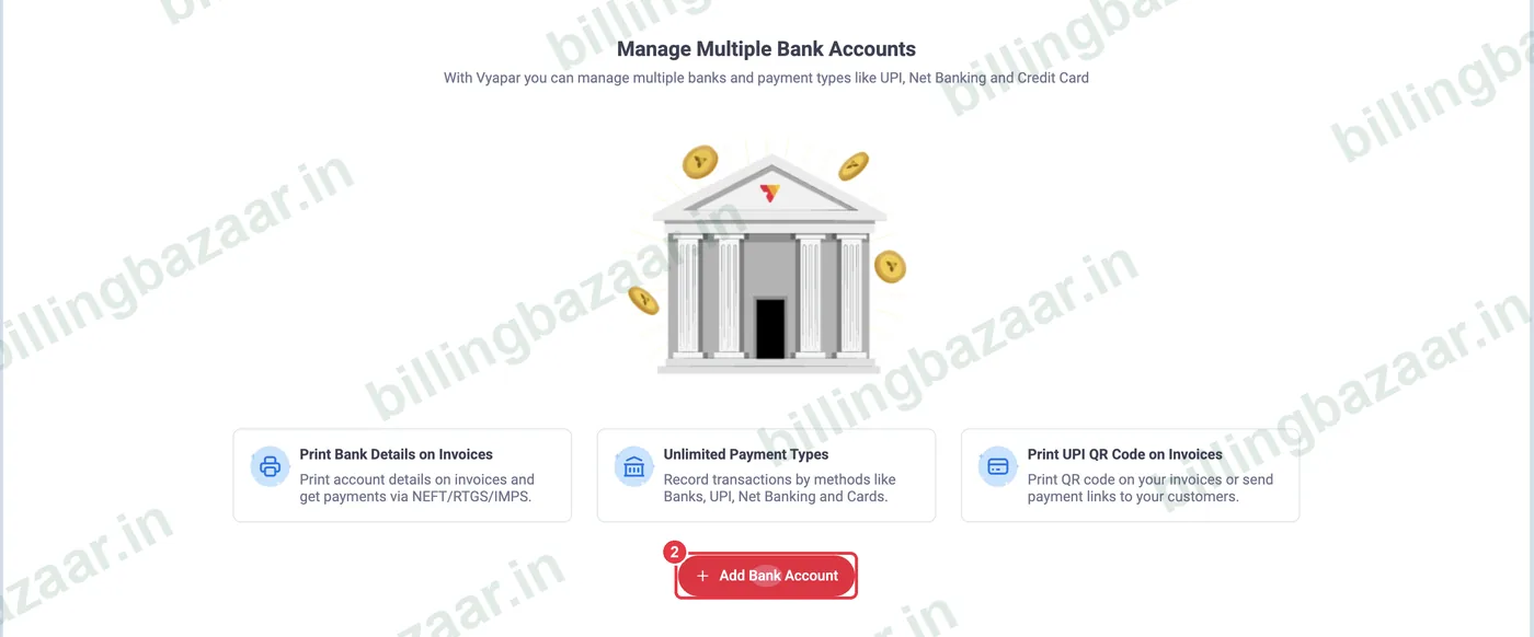 Vyapar Banks screen with Add Bank Account button