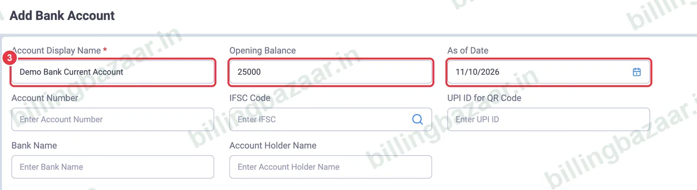 Vyapar add bank account display name and opening balance