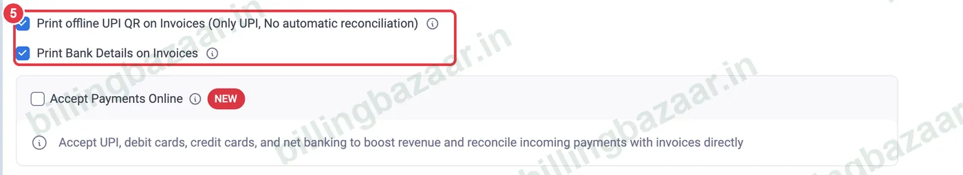 Vyapar options to print UPI QR and bank details on invoices