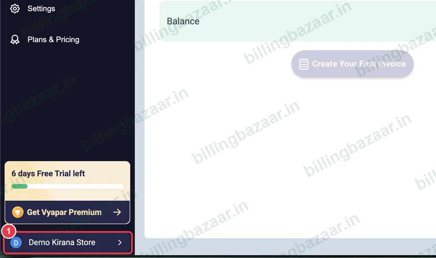 Vyapar sidebar with the company name highlighted at the bottom