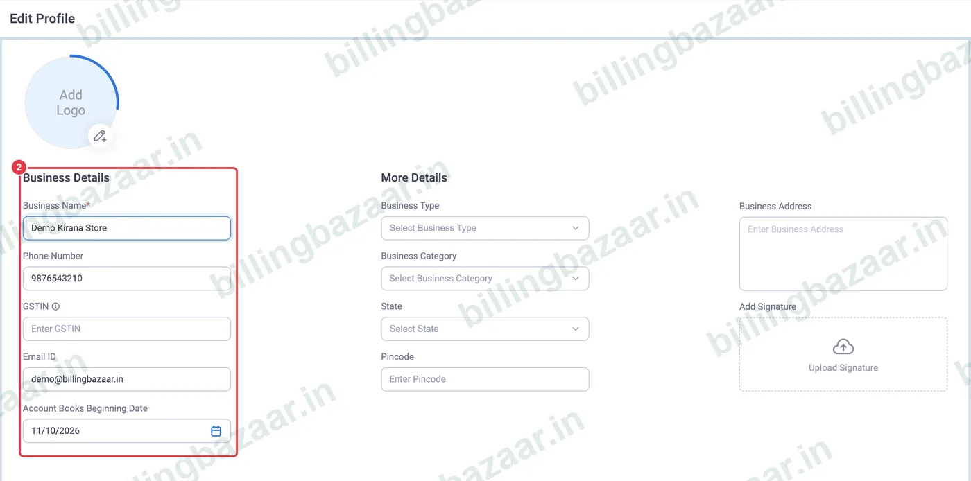 Vyapar Edit Profile screen with the Business Details section highlighted