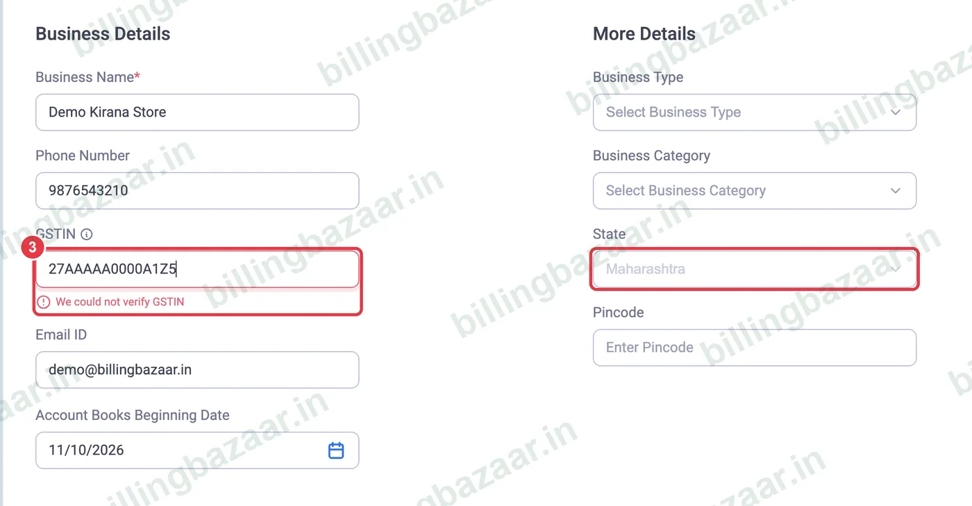 Vyapar GSTIN field with the state filled in automatically