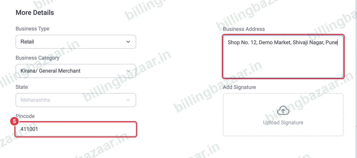 Vyapar pincode and business address fields filled in