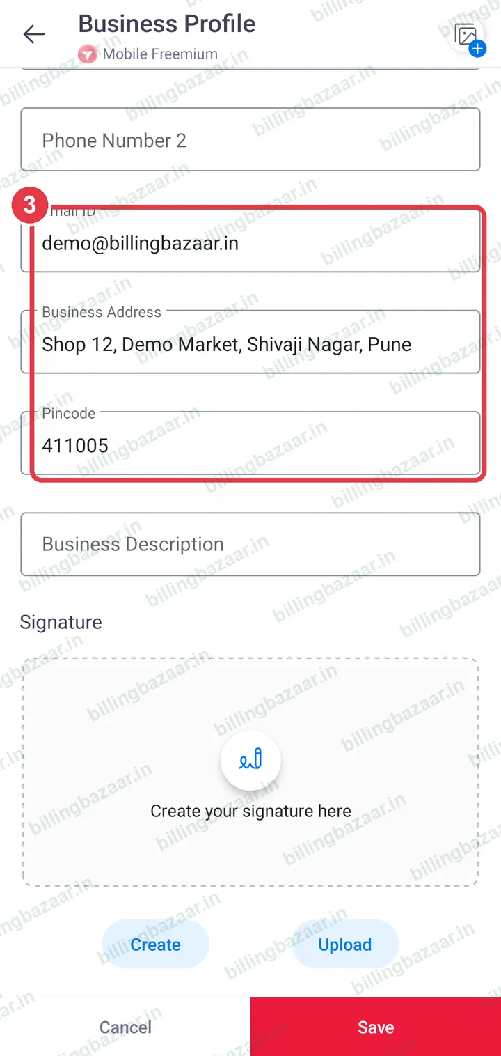 Email, business address and pincode fields