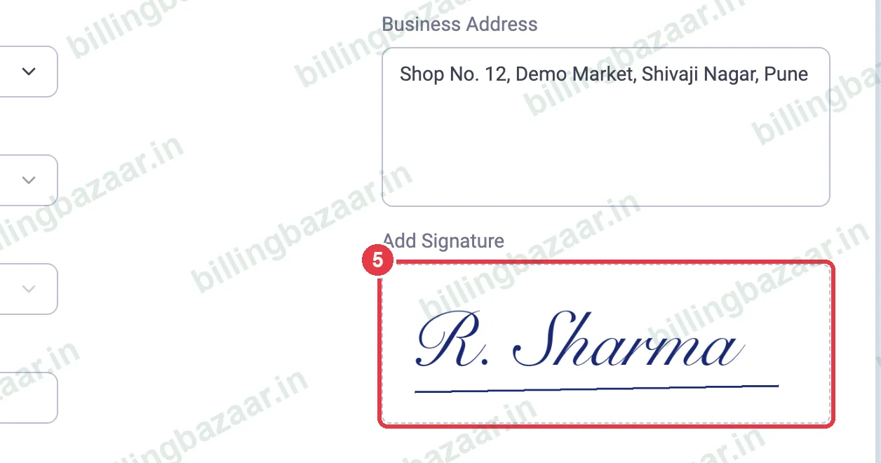Vyapar Add Signature box with the signature uploaded