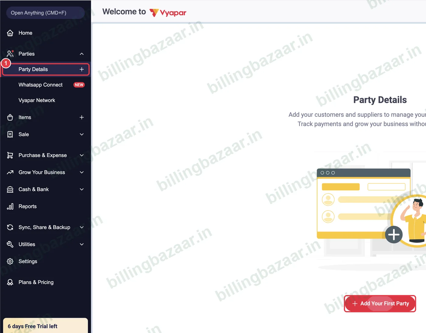 Vyapar Party Details screen with the Add Your First Party button