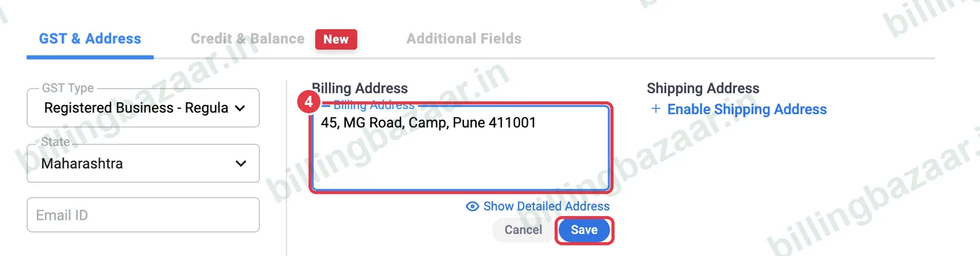 Vyapar Add Party billing address with Save
