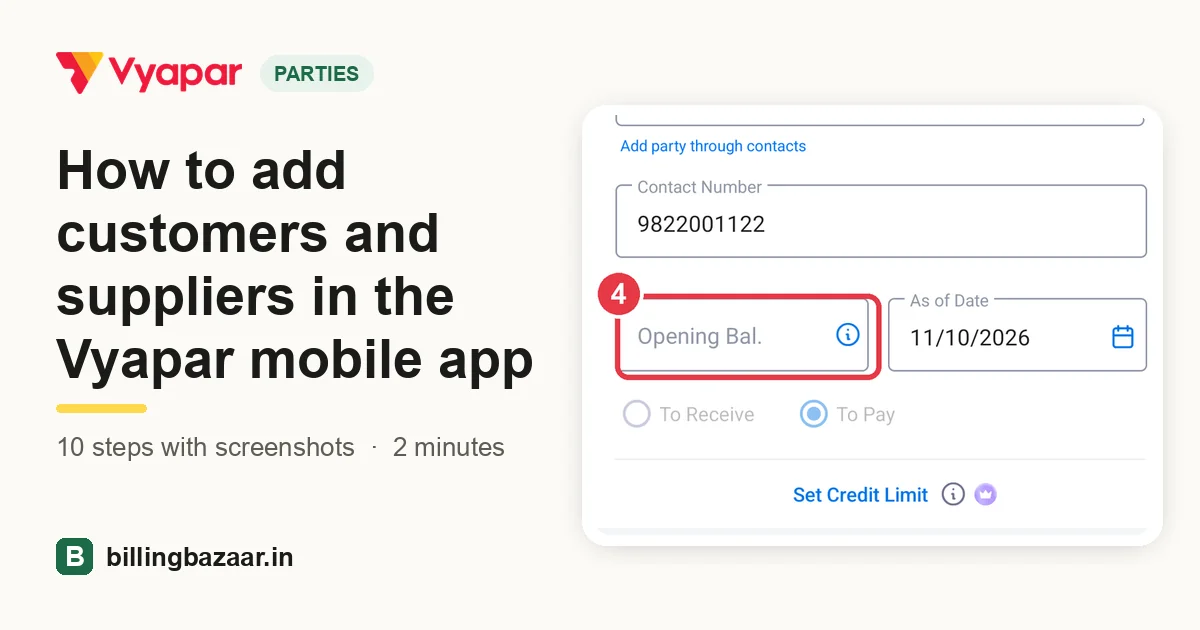 How to add customers and suppliers in the Vyapar mobile app