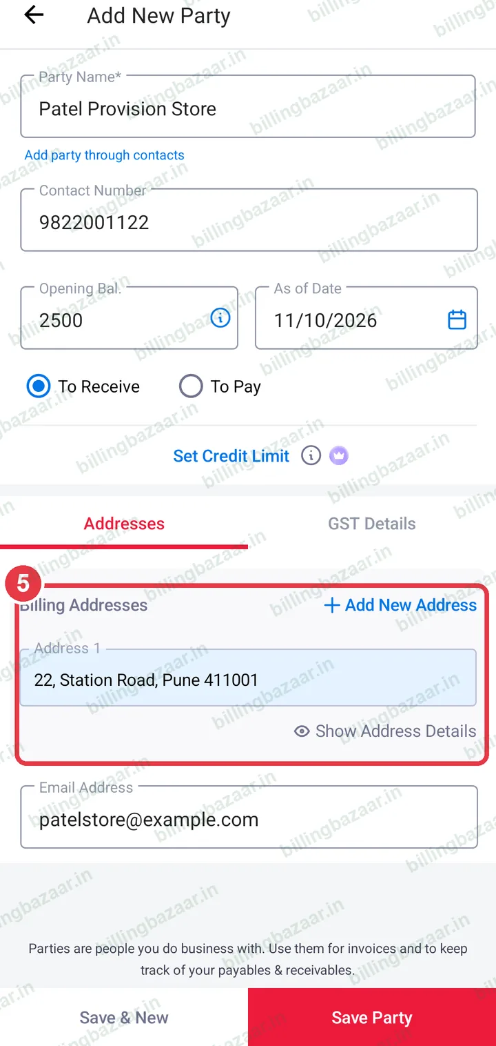 Billing address and email of the party