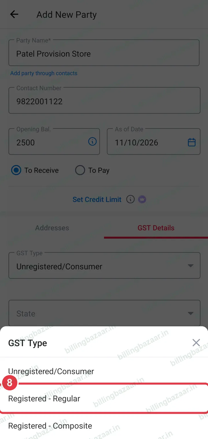 GST type list with Registered - Regular highlighted