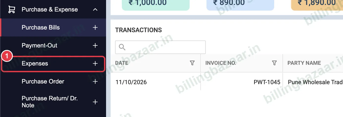 Vyapar Purchase and Expense menu with Expenses