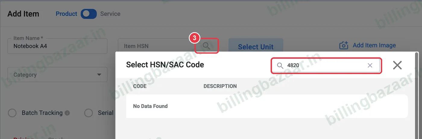 Vyapar Select HSN SAC Code search