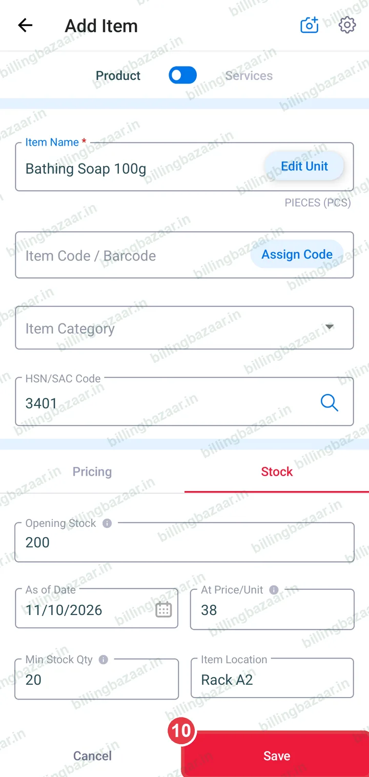 Save button highlighted on Add Item