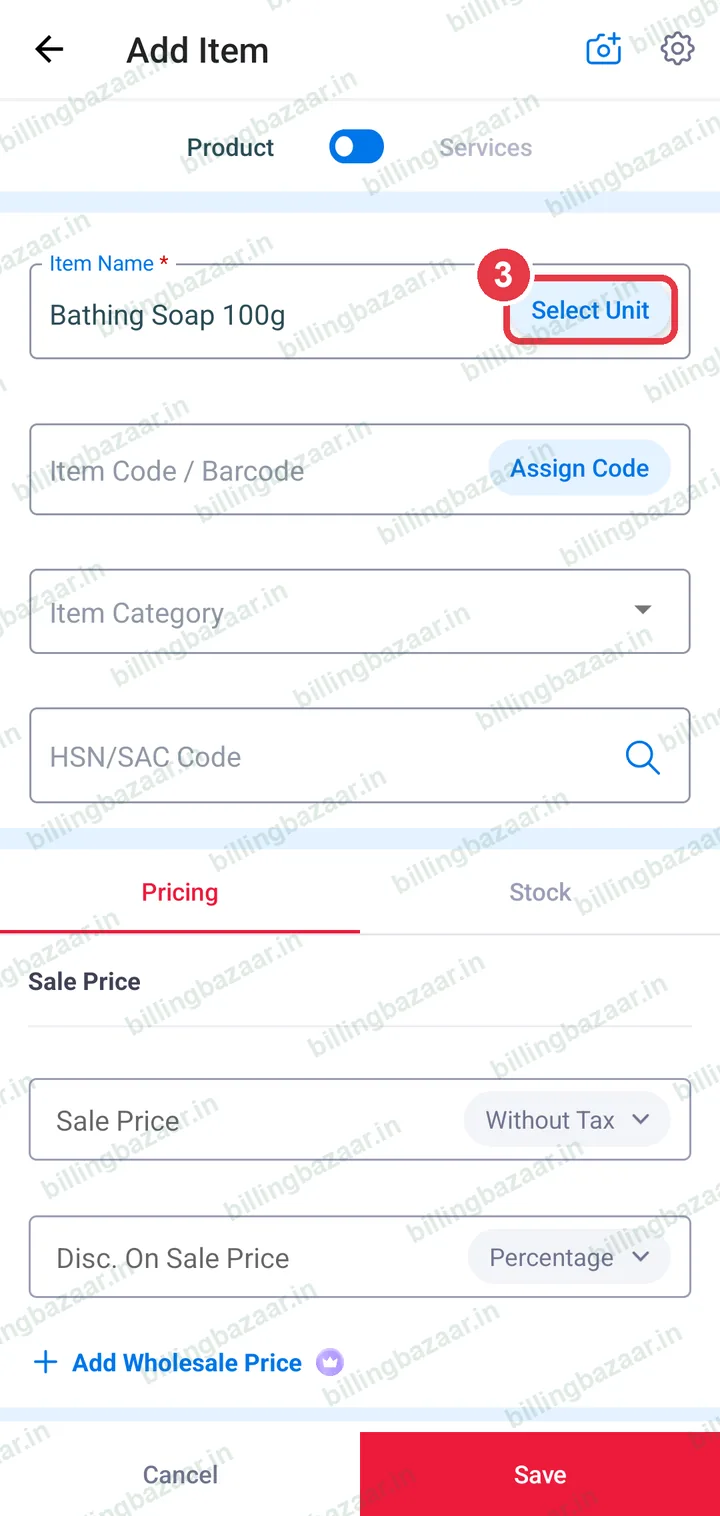 Add Item screen with Select Unit highlighted