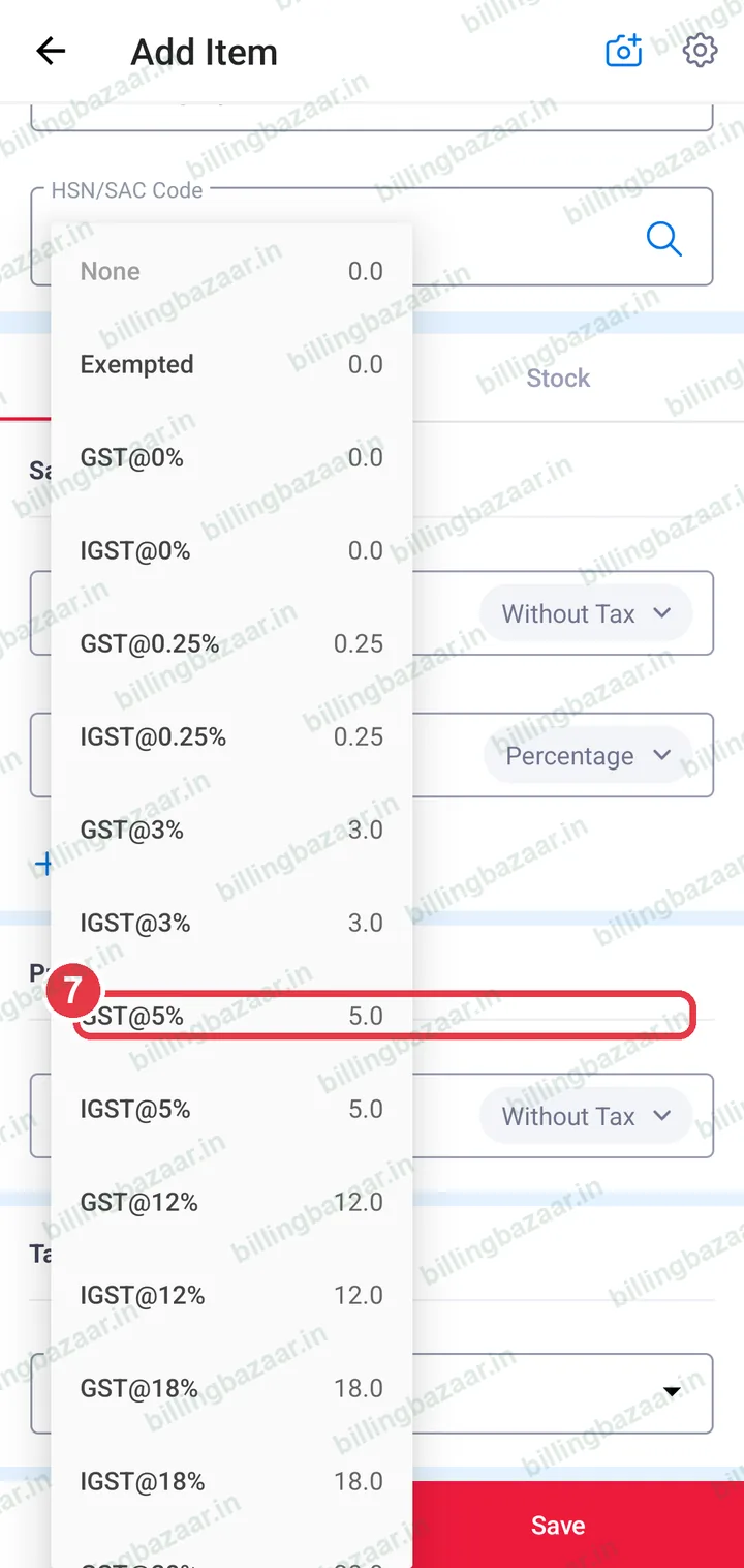 GST rate list with GST@5% highlighted
