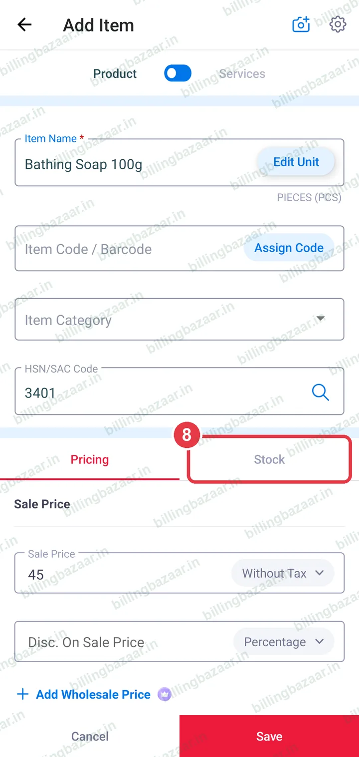Stock tab highlighted on Add Item