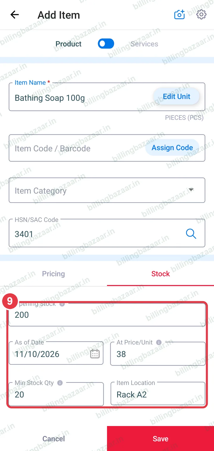 Opening stock, min stock and location fields