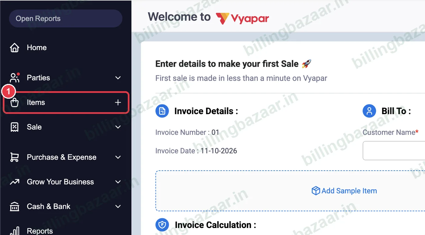 Vyapar sidebar with the Items plus button highlighted