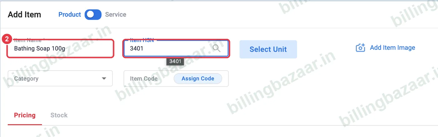 Vyapar Add Item with item name and HSN code filled in