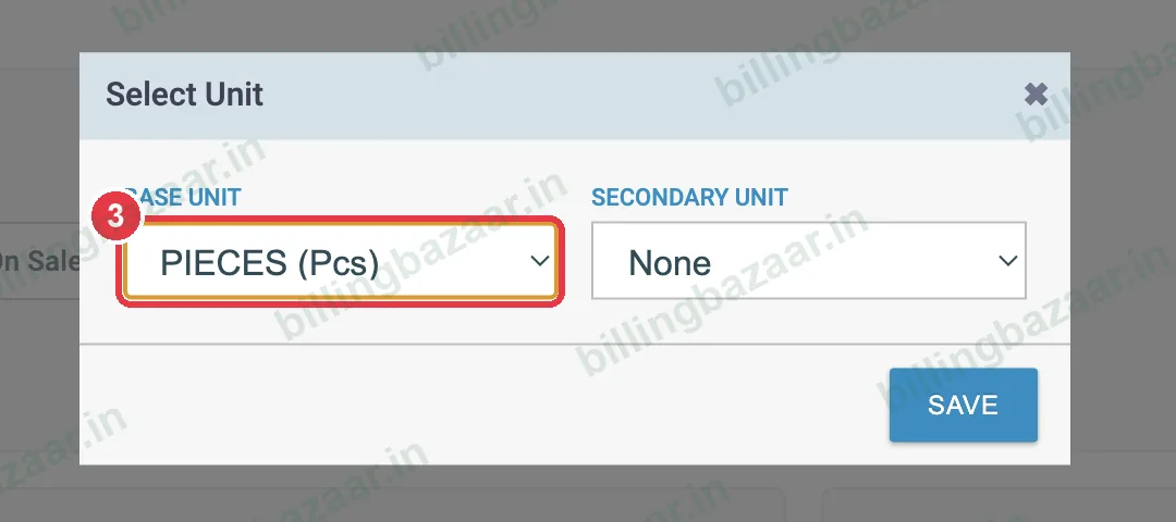 Vyapar Select Unit dialog with base unit Pieces