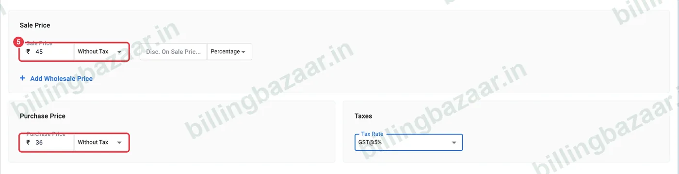 Vyapar Add Item sale price and purchase price fields