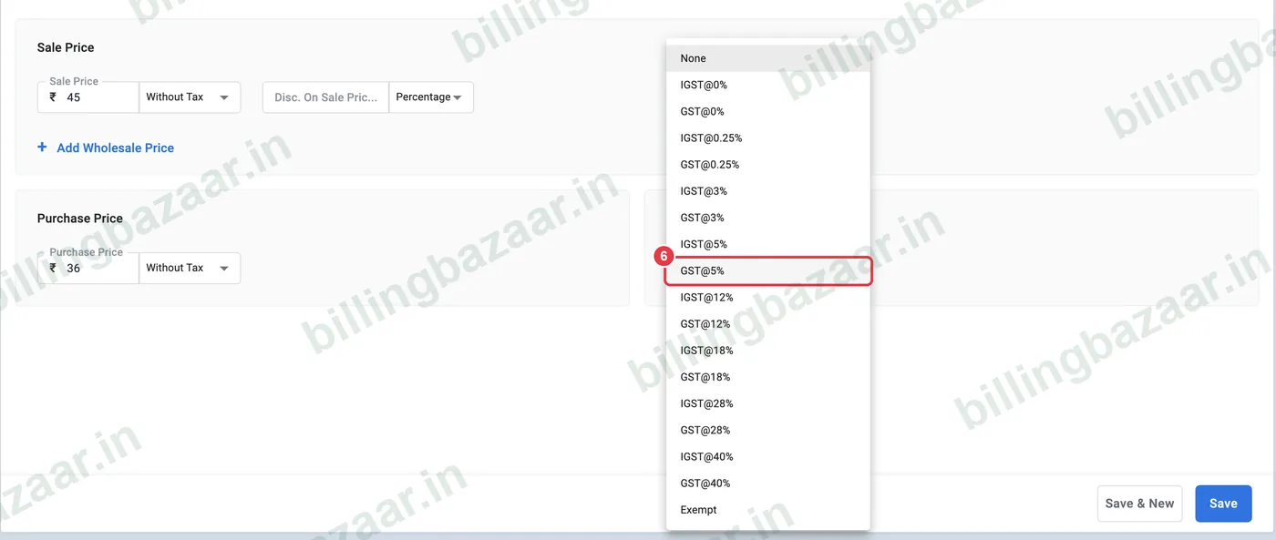 Vyapar Tax Rate list with GST@5% highlighted