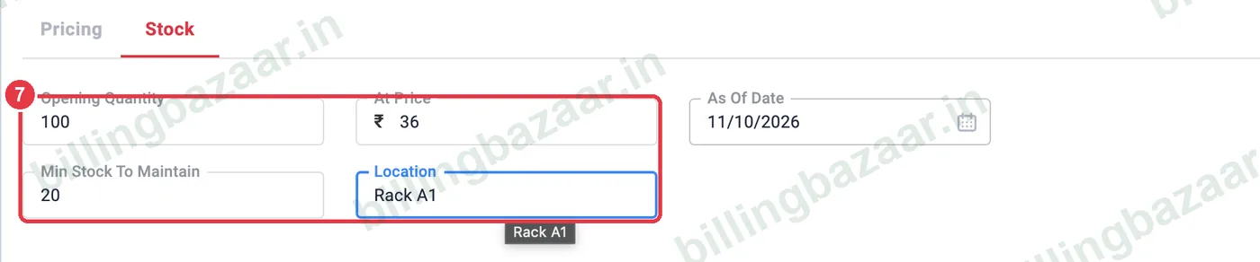 Vyapar Add Item stock tab with opening quantity and minimum stock