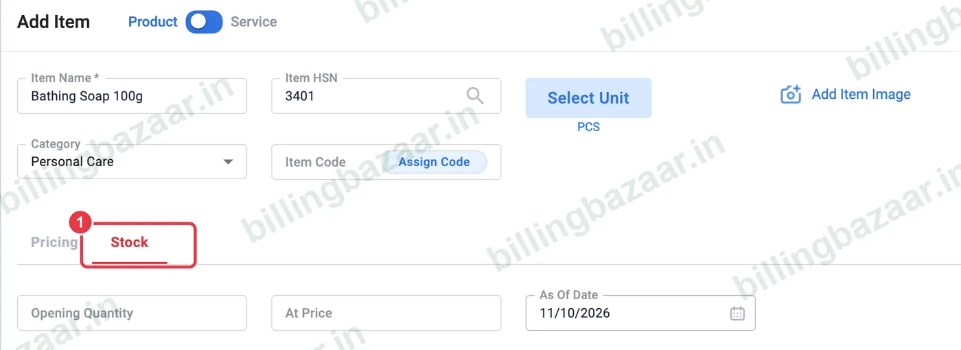 Vyapar Add Item Stock tab