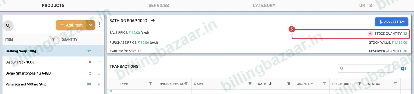 Vyapar item stock quantity and value