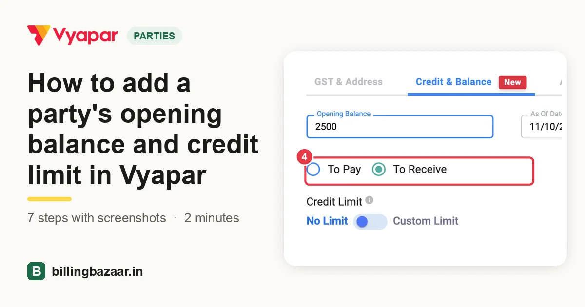 How to add a party's opening balance and credit limit in Vyapar