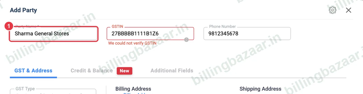 Vyapar Add Party with the party name entered