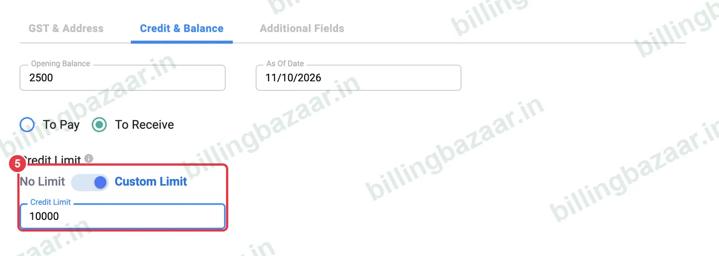 Vyapar custom credit limit set for a customer
