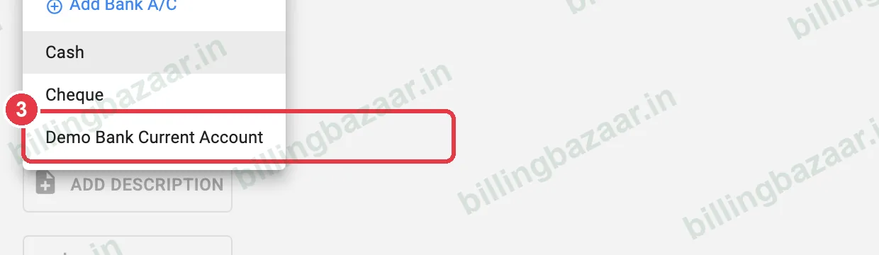 Vyapar payment type list with the bank account