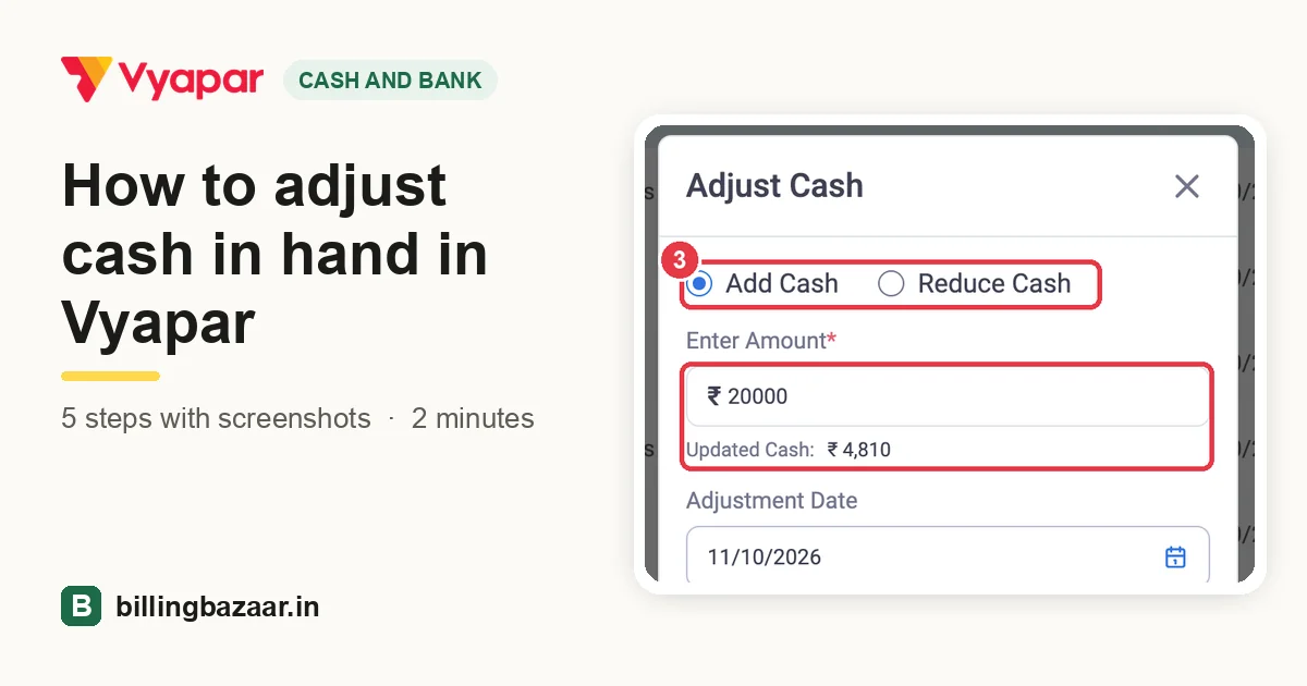 How to adjust cash in hand in Vyapar