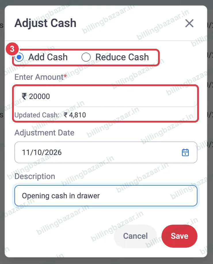 Vyapar Adjust Cash add or reduce and amount