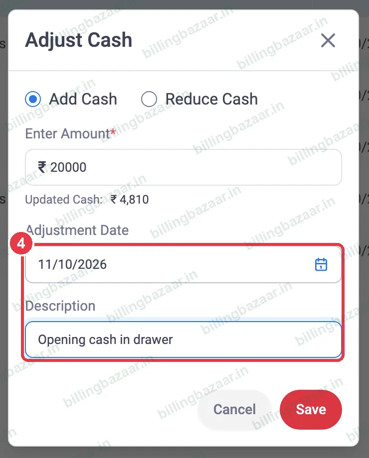 Vyapar Adjust Cash date and description