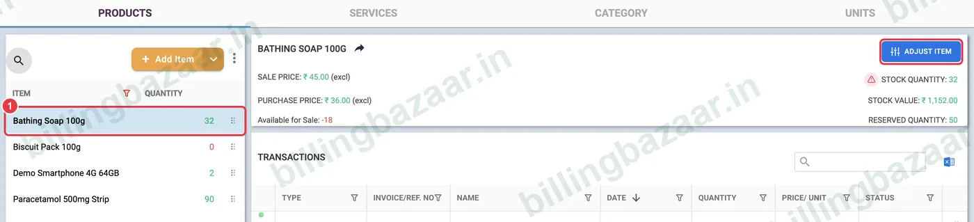 Vyapar item details with Adjust Item button