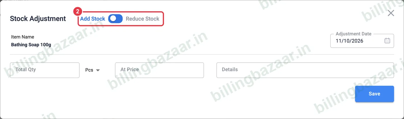 Vyapar Stock Adjustment add or reduce toggle
