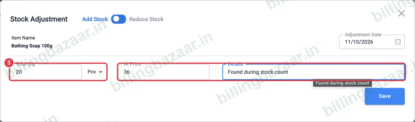 Vyapar stock adjustment quantity, price and details