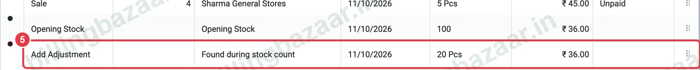 Vyapar item history with Add Adjustment