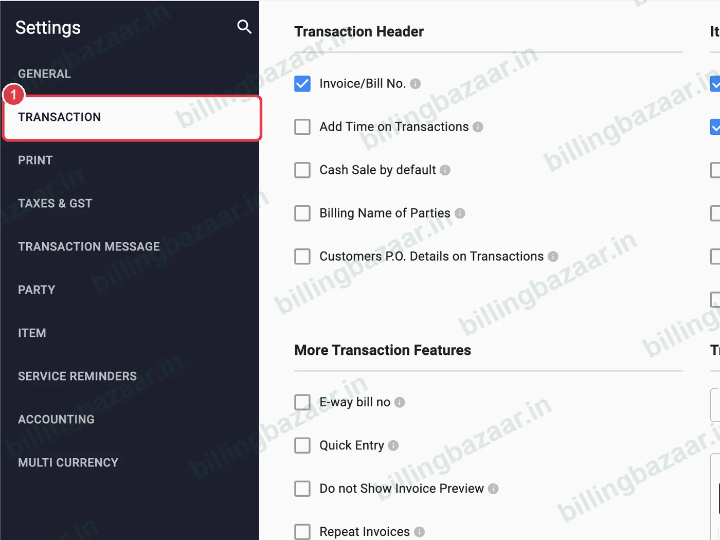 Vyapar Settings with Transaction selected