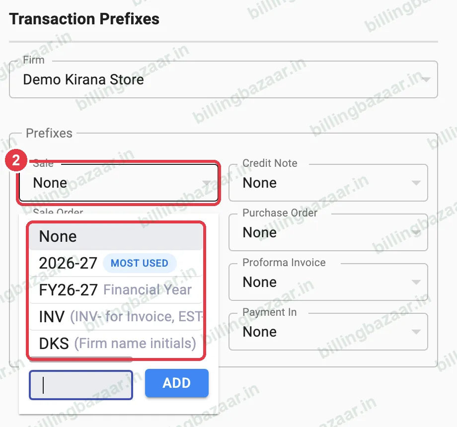 Vyapar sale prefix options
