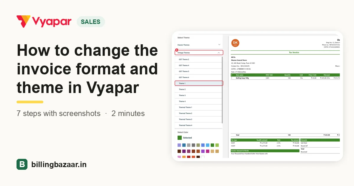 How to change the invoice format and theme in Vyapar