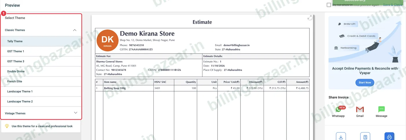 Vyapar invoice preview with Select Theme panel