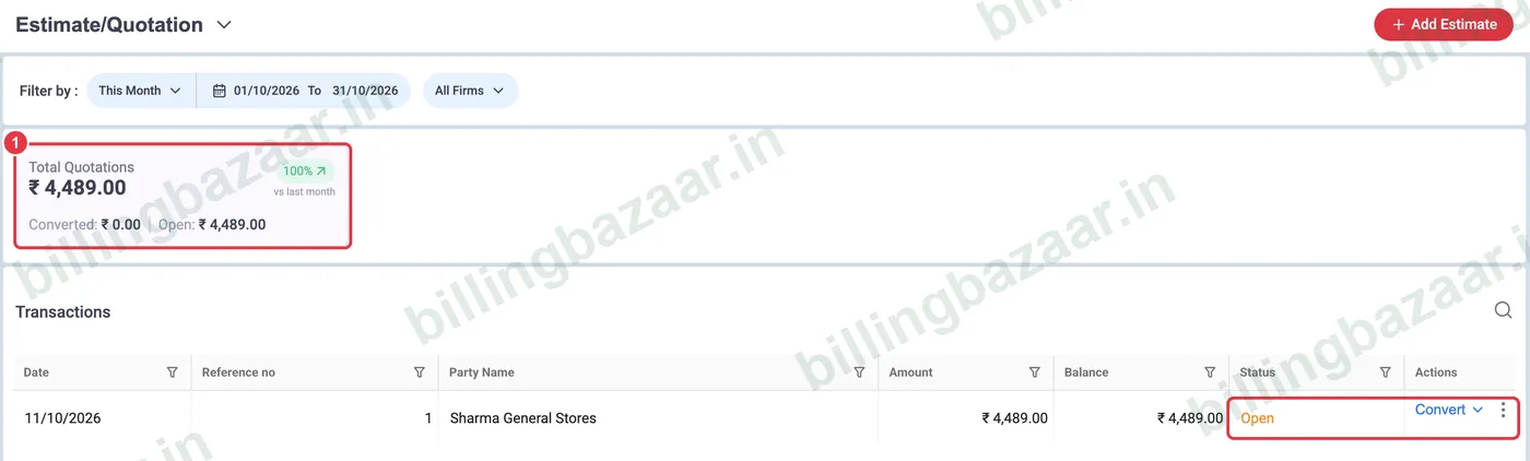 Vyapar estimate list with Open status