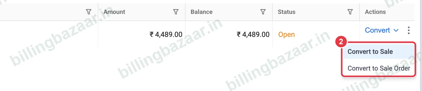 Vyapar Convert menu with Convert to Sale and Convert to Sale Order