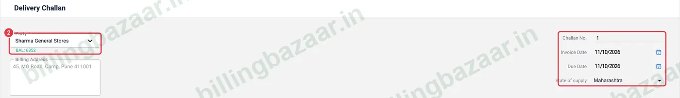 Vyapar delivery challan with party, challan number and due date