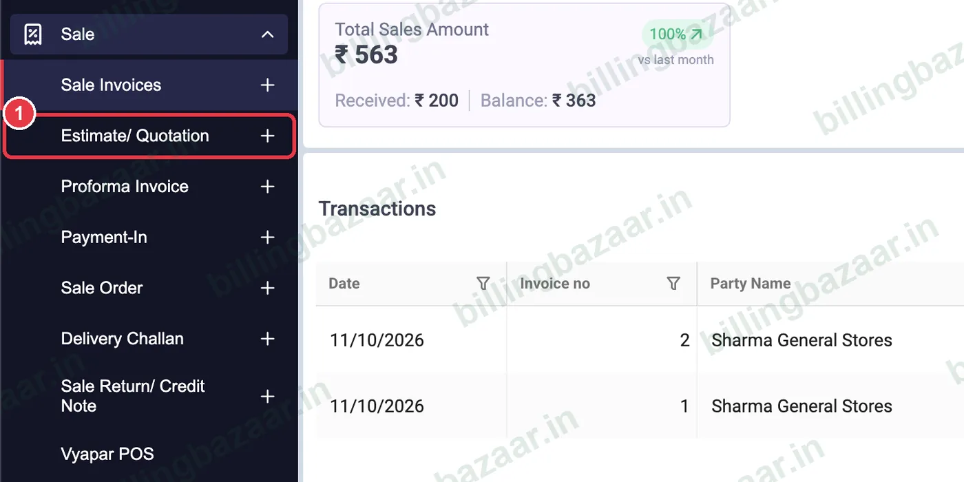 Vyapar Sale menu with Estimate Quotation highlighted