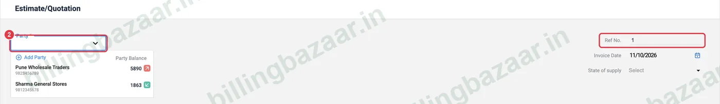 Vyapar estimate with party and reference number